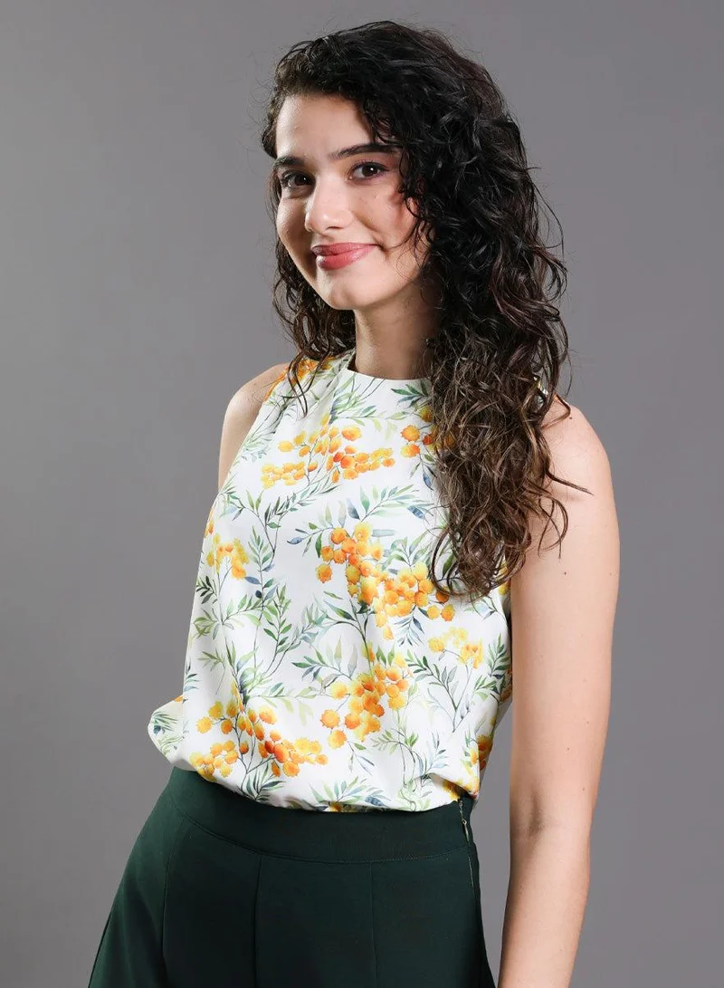 زجزاج Sleeveless Yellow Floral Printed Top